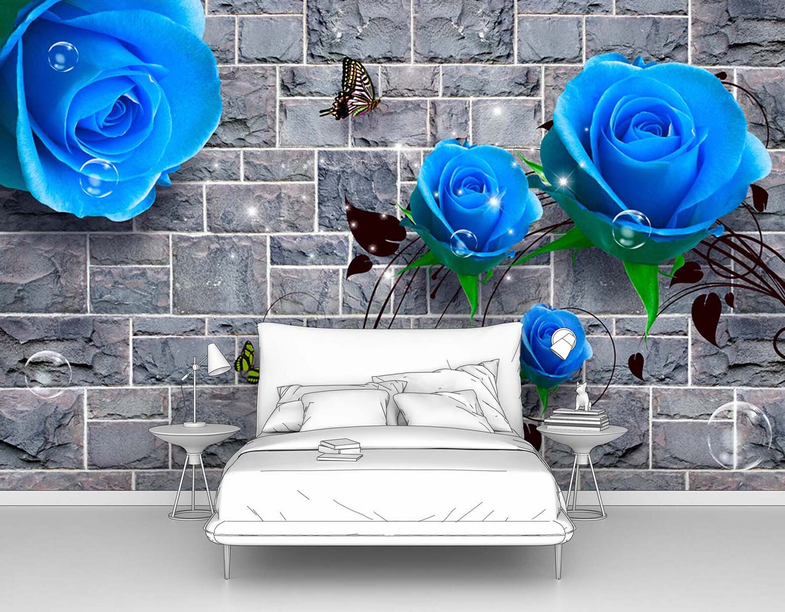 фото Фотообои флизелиновые первое ателье "каменная стена с синими розами" 200х125 см