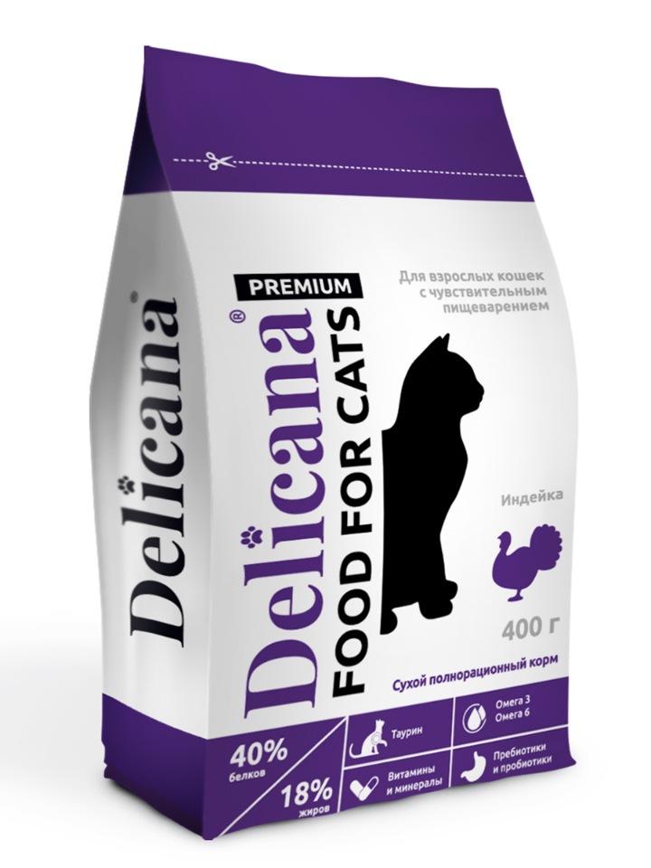 Сухой корм для кошек Delicana, индейка с витаминами и минералами, 0,4кг