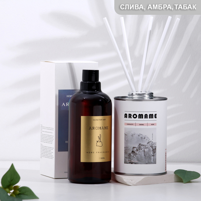 

Набор диффузор ароматический "Aromame", слива, амбра, кожа, табак, 500 мл, круглая банка