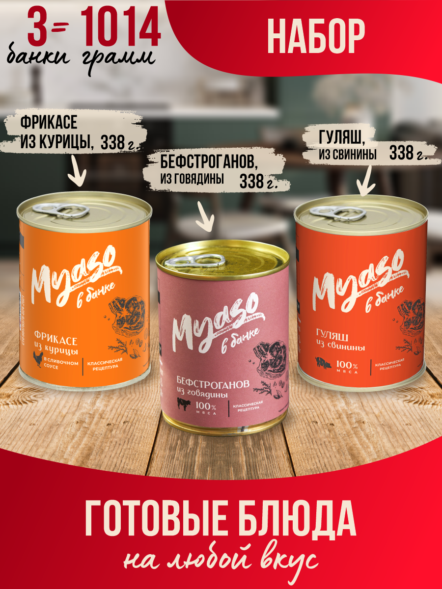 

Ассорти Мясо в банке Фрикассе, Бефстроганов, Гуляш, 338 г х 3 шт