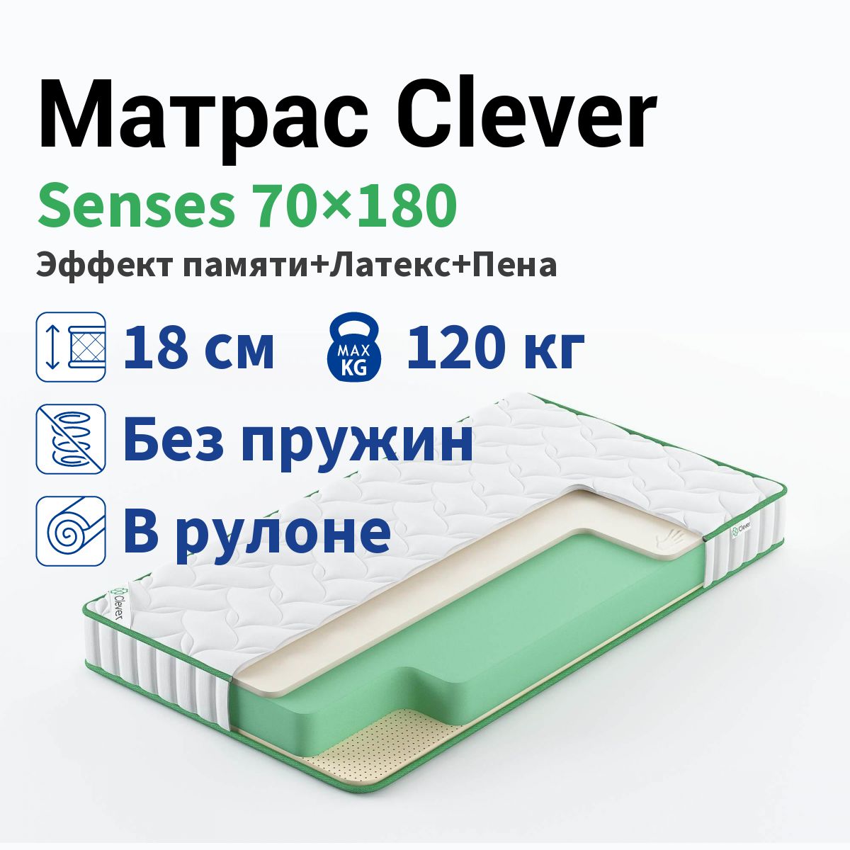 

Матрас Clever Senses 70x180, Белый, CLEVER SENSES