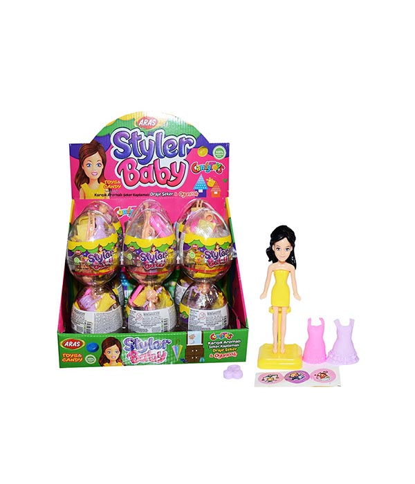 

Пластиковое яйцо Aras Styler Baby Куколка с одеждой (с драже) 10 г х 12 шт, Куколка