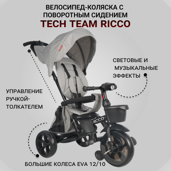 Велосипед детский трехколесный Tech Team с поворотным сидением Ricco, серый