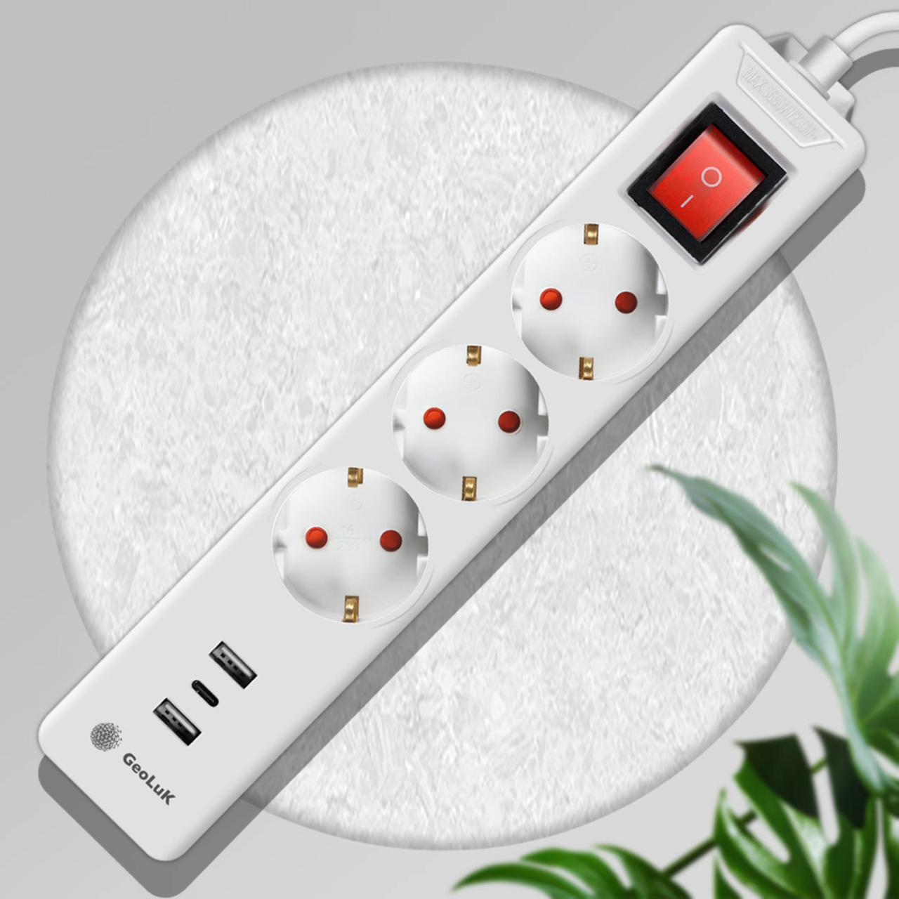 Сетевой фильтр-удлинитель GeoLuK (3-outlet, 2-USB,1 Type-C) удлинитель сетевой megavolt boyang 3м 250v 16a max 3000w h05vv f 3g1 0mm2