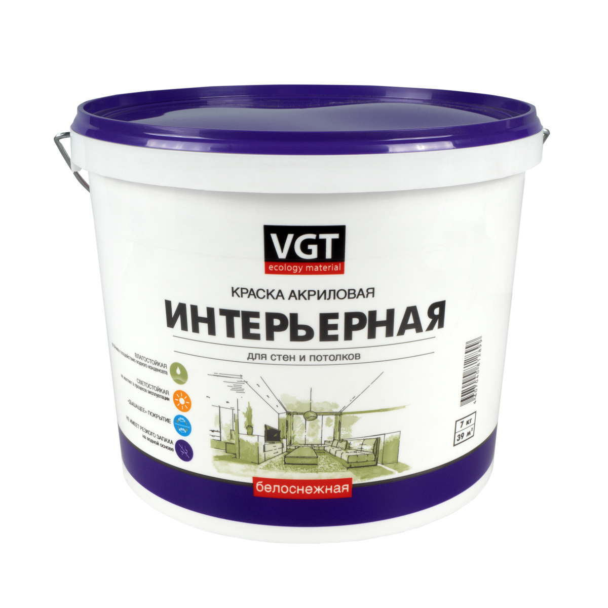 фото Краска vgt вд-ак-2180 интерьерная, белоснежный, 7 кг