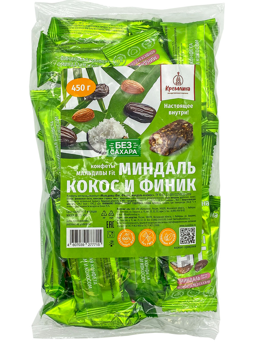 

Конфеты Кремлина финиковые миндаль и кокосом Мальдивы Фит без сахара пакет, 800 г