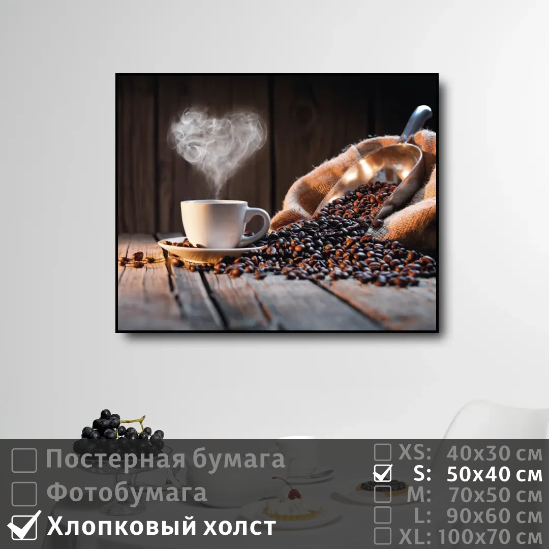 

Постер на холсте ПолиЦентр Кофейня чашка с сердечком из пара 50х40 см, КофейняЧашкаССердечкомИзПара
