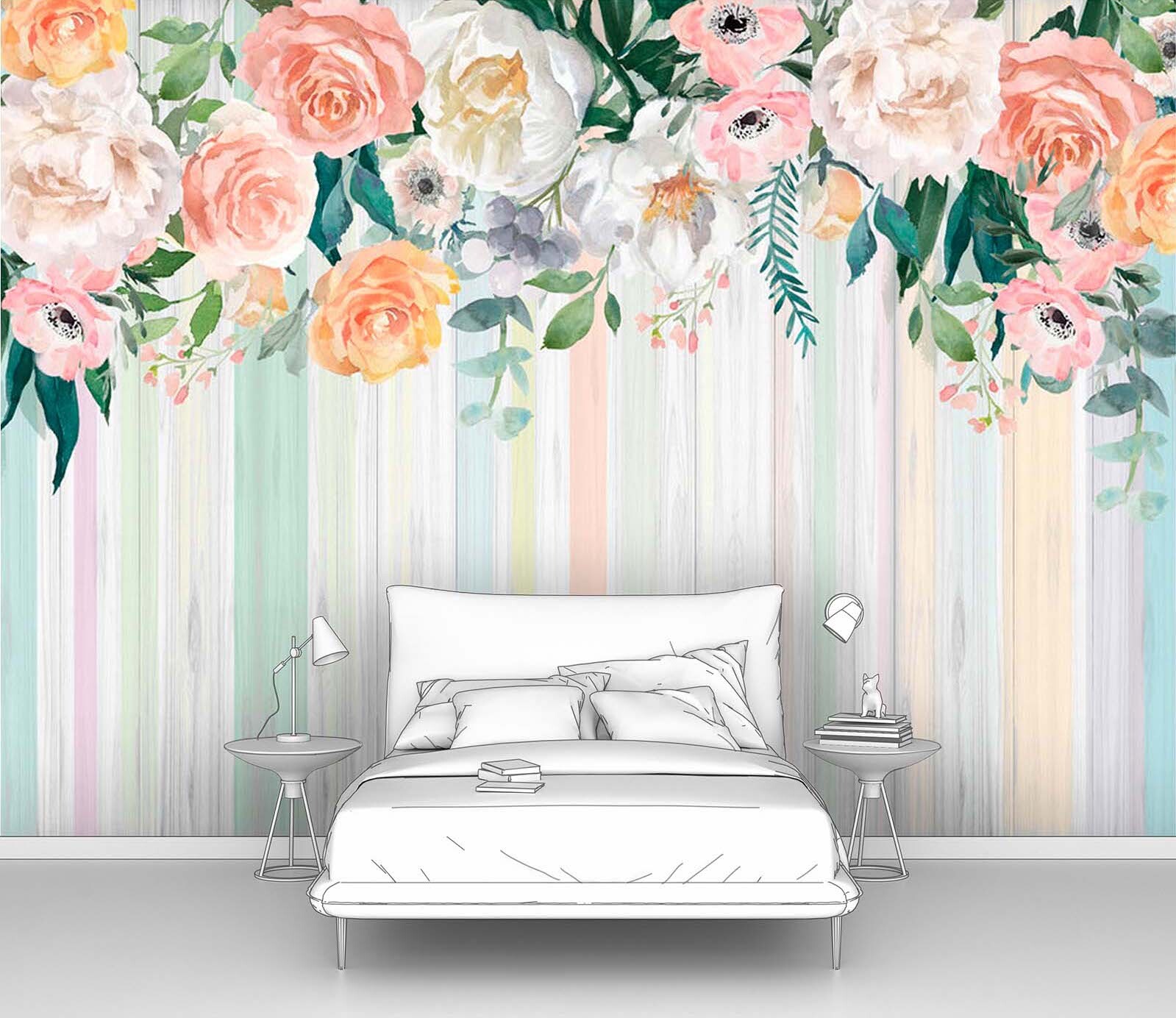 фото Фотообои флизелиновые первое ателье "полосатые обои с цветами" 400х285 см (шхв)