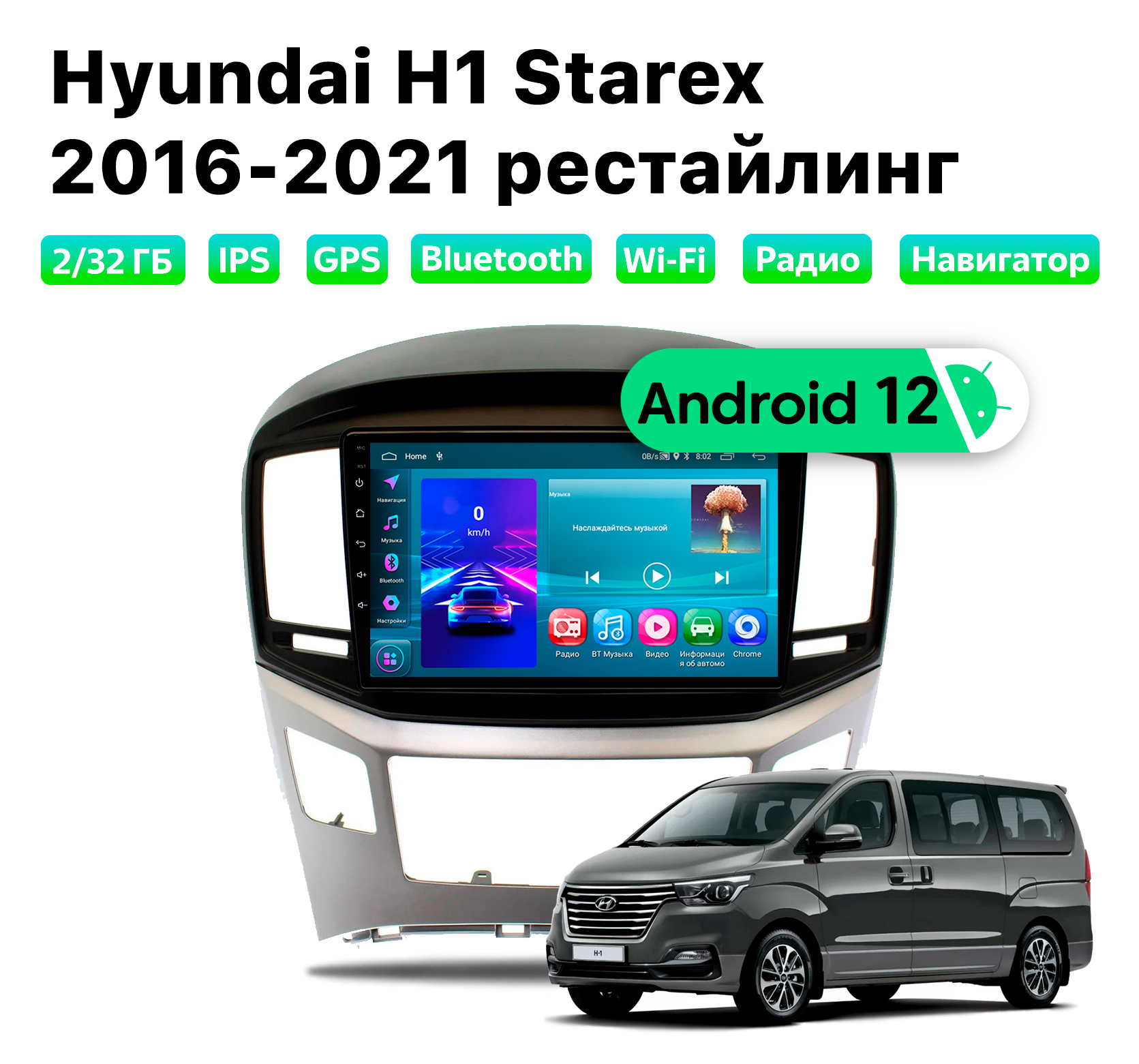 Автомагнитола Podofo Hyundai H1 Starex 2016-2021 рест, 2/32 Gb, HYD956D2