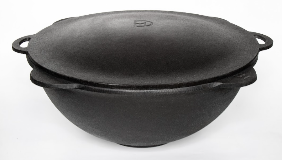 Казан с крышкой саджем DavrMetall 12 л плоское дно чугунный узбекский