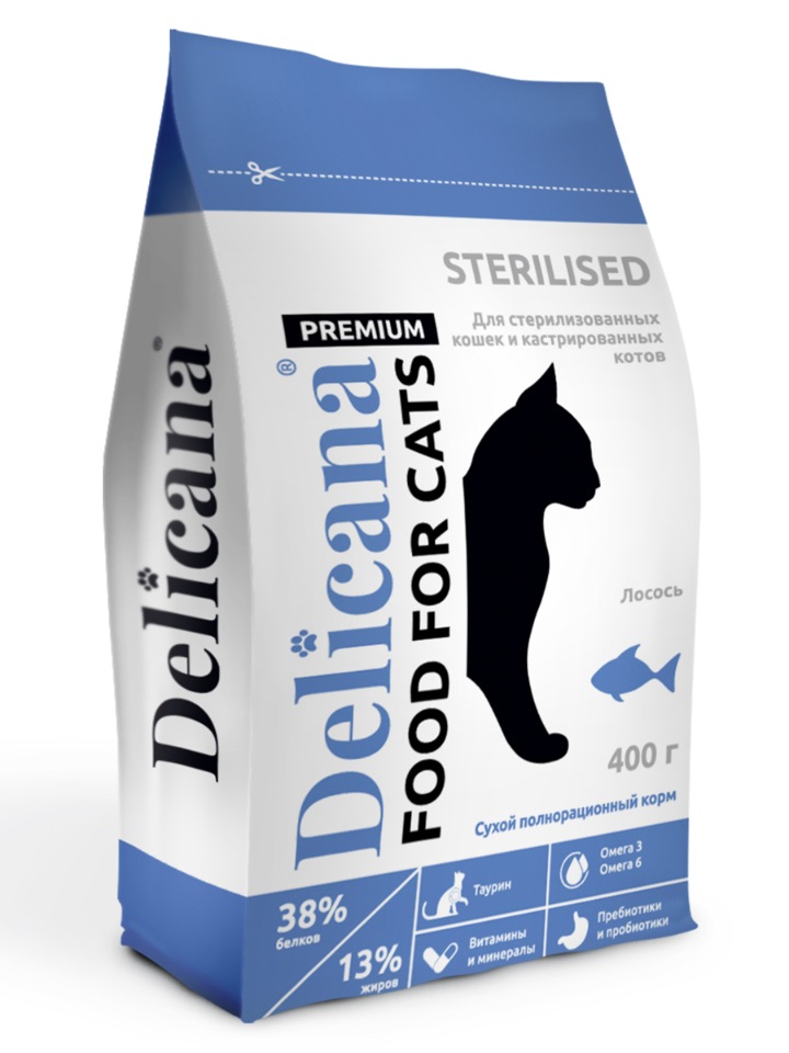 Сухой корм для кошек Delicana, для стерилизованных, лосось, 0,4кг