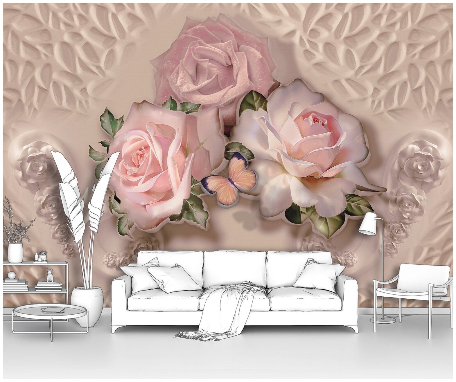 фото Фотообои флизелиновые первое ателье "три розовые розы с бабочкой" 200х130 см