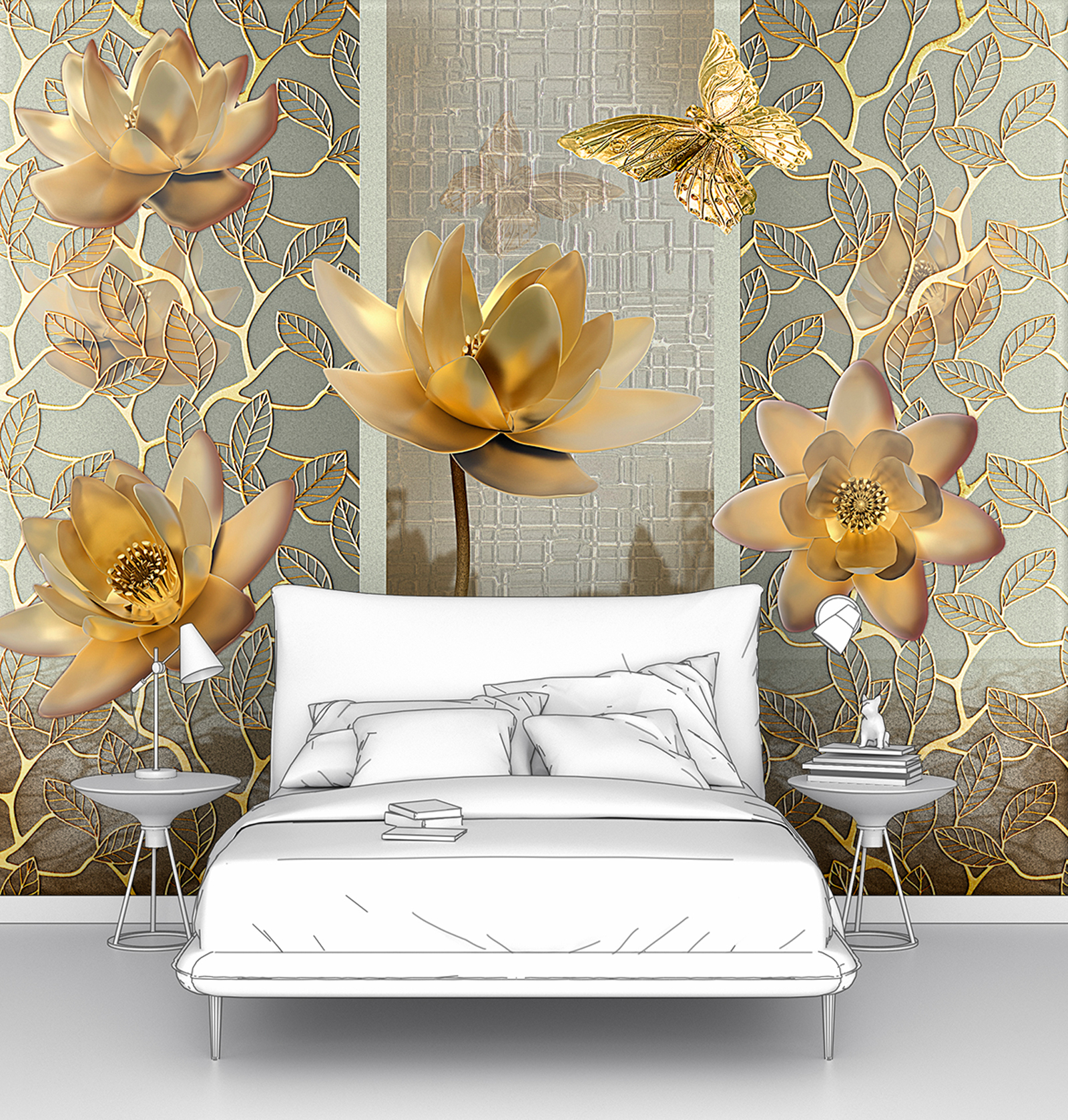 фото Фотообои флизелиновые первое ателье "лотосы и бабочки в золотом цвете" 125х100 см