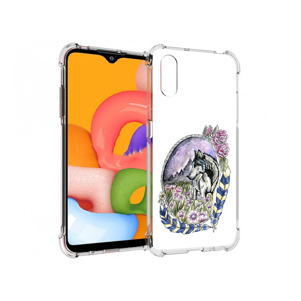 

Чехол MyPads Tocco для Samsung Galaxy A01 нарисованный волк в цветах с перьями, Прозрачный, Tocco