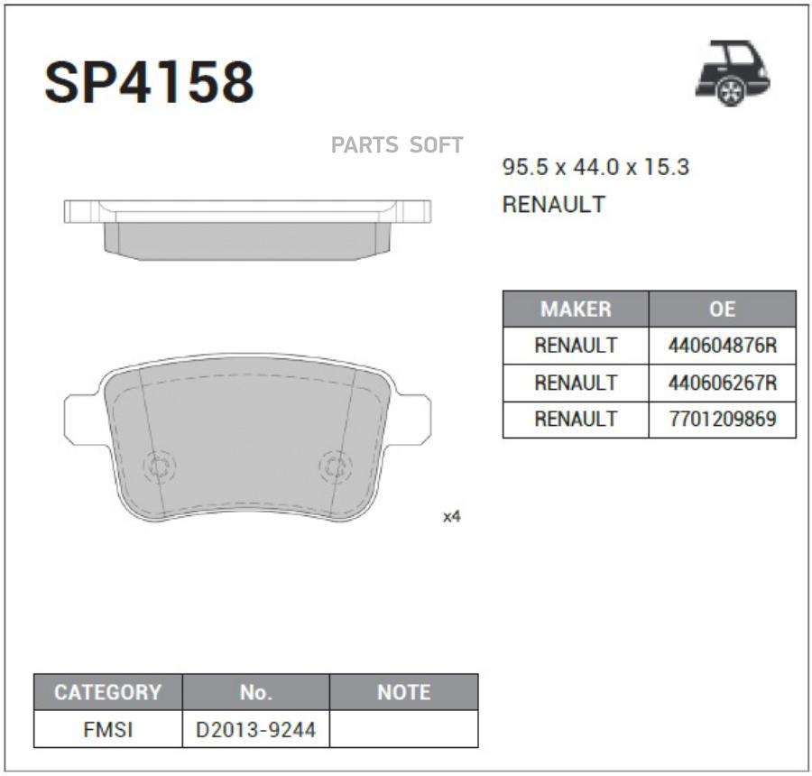 

Колодки задние RENAULT KANGOO II 08- SP4158 SANGSIN BRAKE SP4158