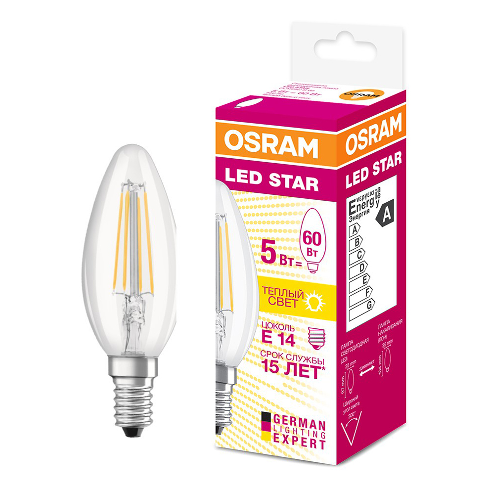 

Светодиодная лампа Osram LED E14 5 Вт 2700 K свеча на ветру прозрачная