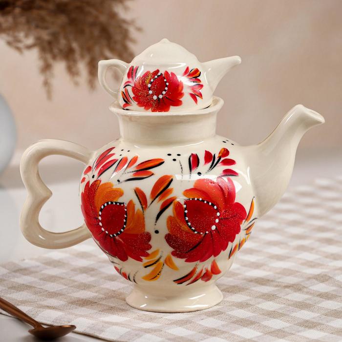 фото Чайник для заварки "самовар", белый, роспись, 0.8 л керамика ручной работы