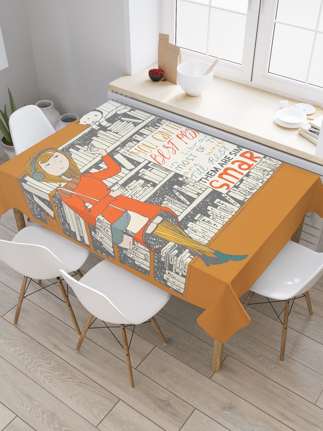 фото Скатерть прямоугольная joyarty на кухонный стол "умные книги" из оксфорда, 180x145 см