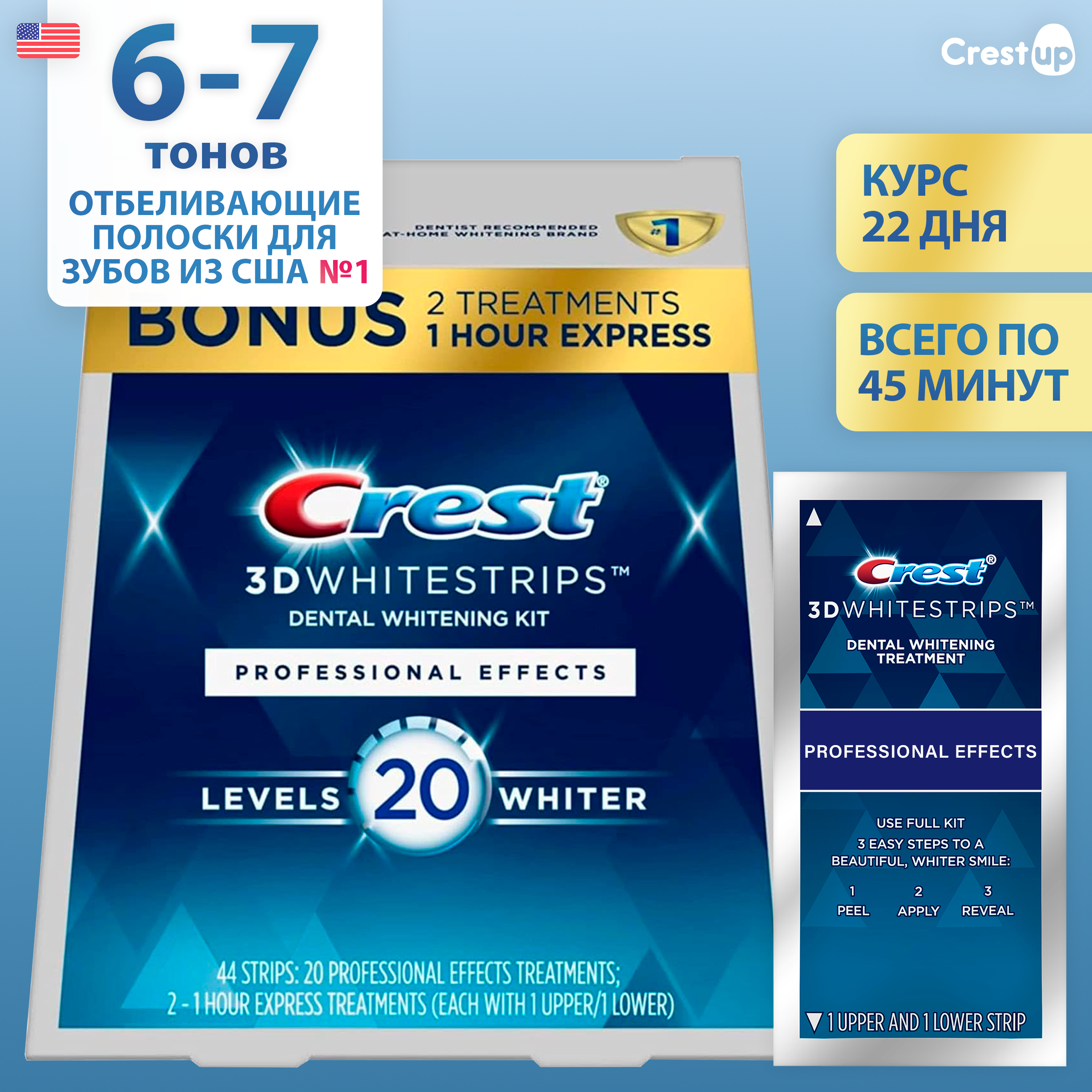 Отбеливающие полоски Crest 3D Whitestrips Professional Effects PLUS 1-Hour, 22 пакетика