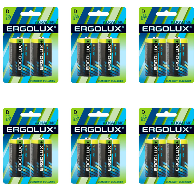 Щелочная батарейка Ergolux Alkaline D, LR20 BL-2, 1.5 В,2шт,6уп