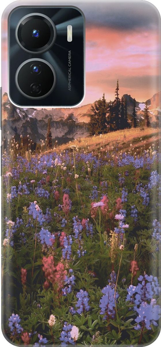 

Силиконовый чехол на Vivo Y16 с принтом "Цветочное поле и горы", Зеленый;фиолетовый, 157754