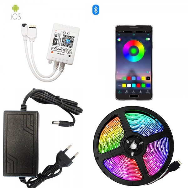 

Светодиодная Bluetooth лента цветная (RGB) Led smd 5050 5m 12B с блоком питания, Bluetooth