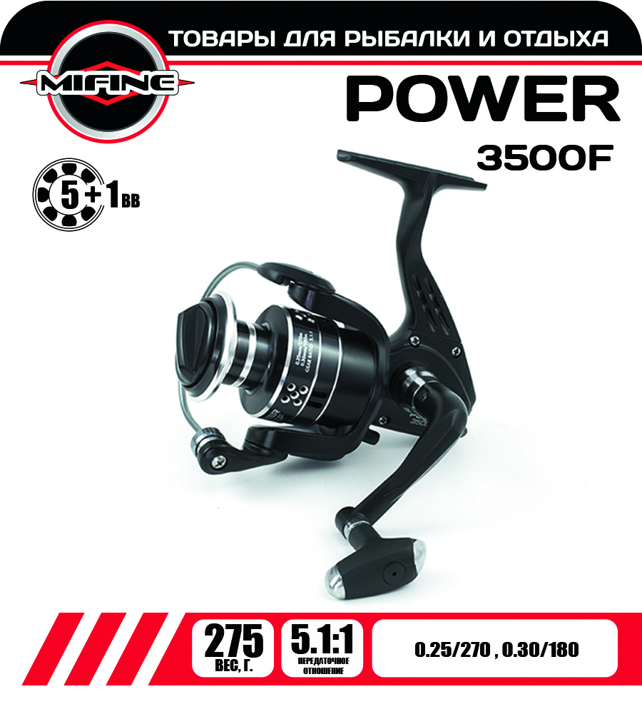 

Катушка рыболовная Mifine POWER 60323-3, 5+1, Черный, POWER