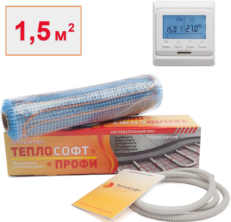 Теплый пол нагревательный мат Теплософт Профи 1,5 м2 225 Вт с электронным терморегулятором