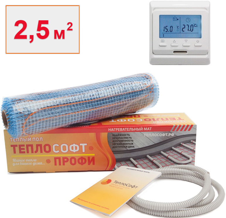 Теплый пол нагревательный мат Теплософт Профи 2,5 м2 375 Вт с электронным терморегулятором