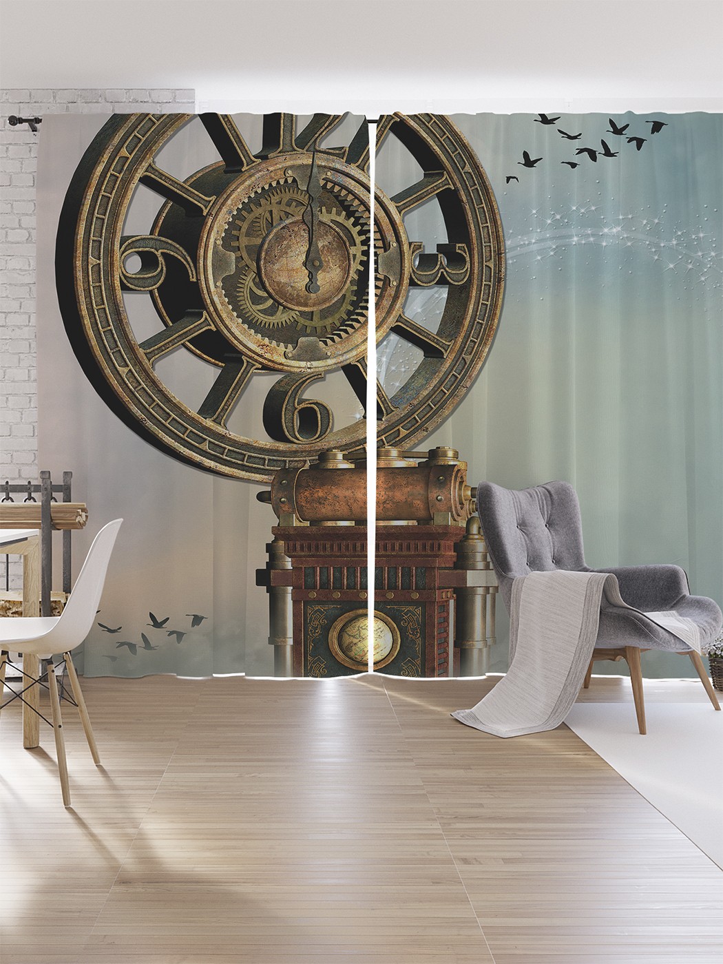 фото Шторы под лён joyarty "старинные часы стимпанк", серия oxford delux, 340х265 см