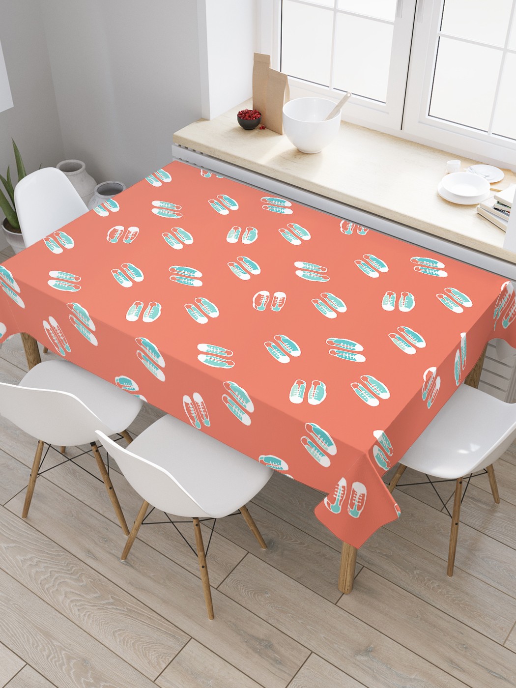 фото Скатерть прямоугольная joyarty на кухонный стол "модные кеды" из оксфорда, 180x145 см