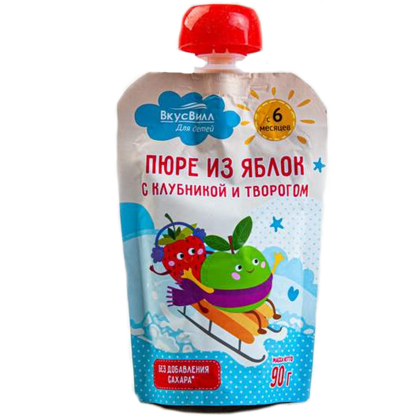 

Пюре ВкусВилл яблочное с клубникой и творогом с 6 месяцев 90 г, 1 шт., из яблок, клубники и творога пауч
