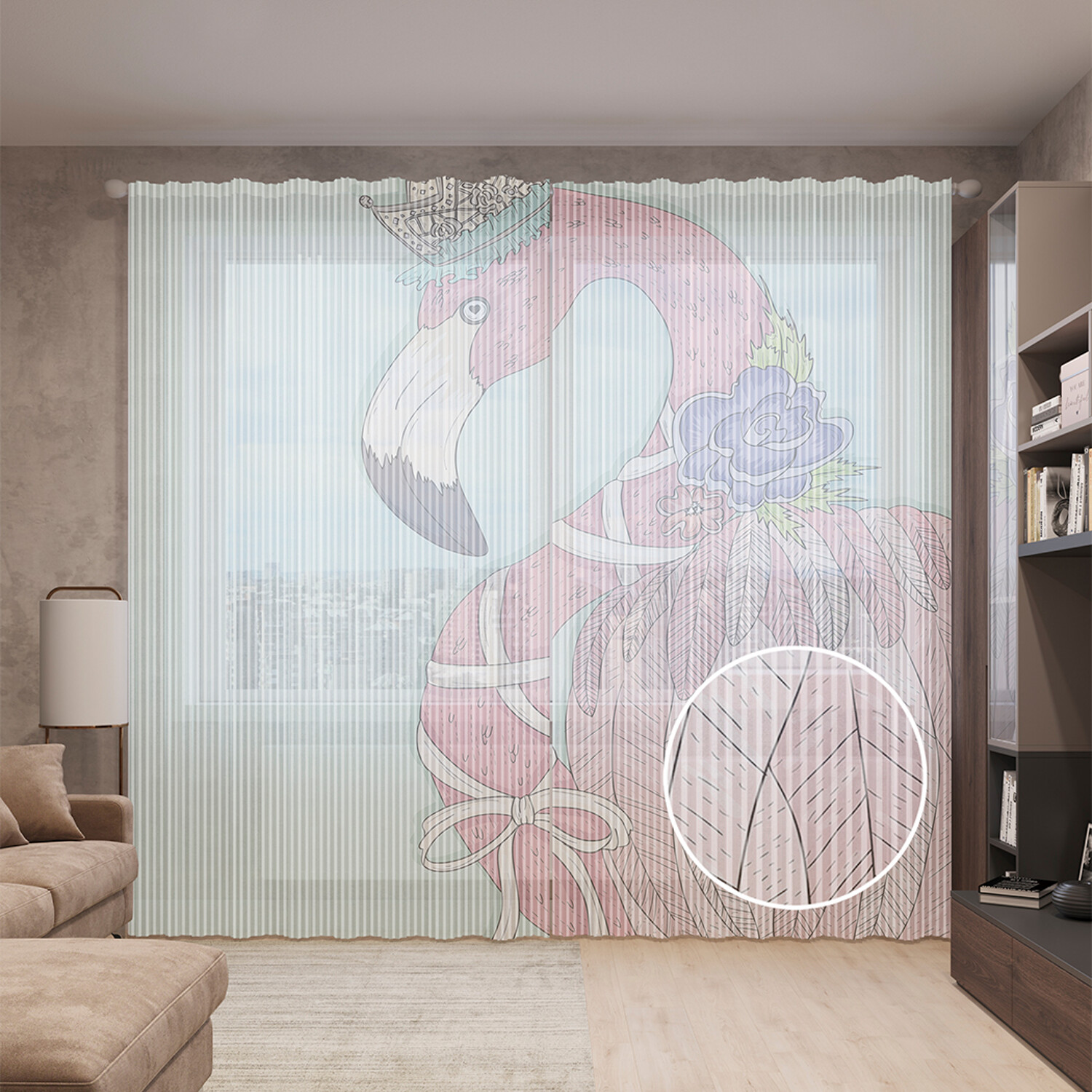 

Тюль вуаль на шторной ленте с принтом JoyArty "Королевский фламинго", 310х265 см, Королевский фламинго