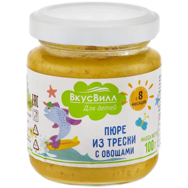 

Пюре ВкусВилл из трески с овощами 100 г, 1 шт., из трески