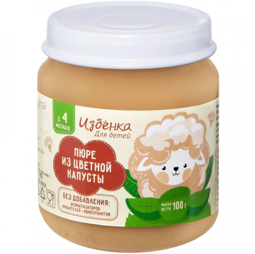 

Пюре ВкусВилл из цветной капусты с 4 месяцев 100 г, 1 шт., из цветной капусты