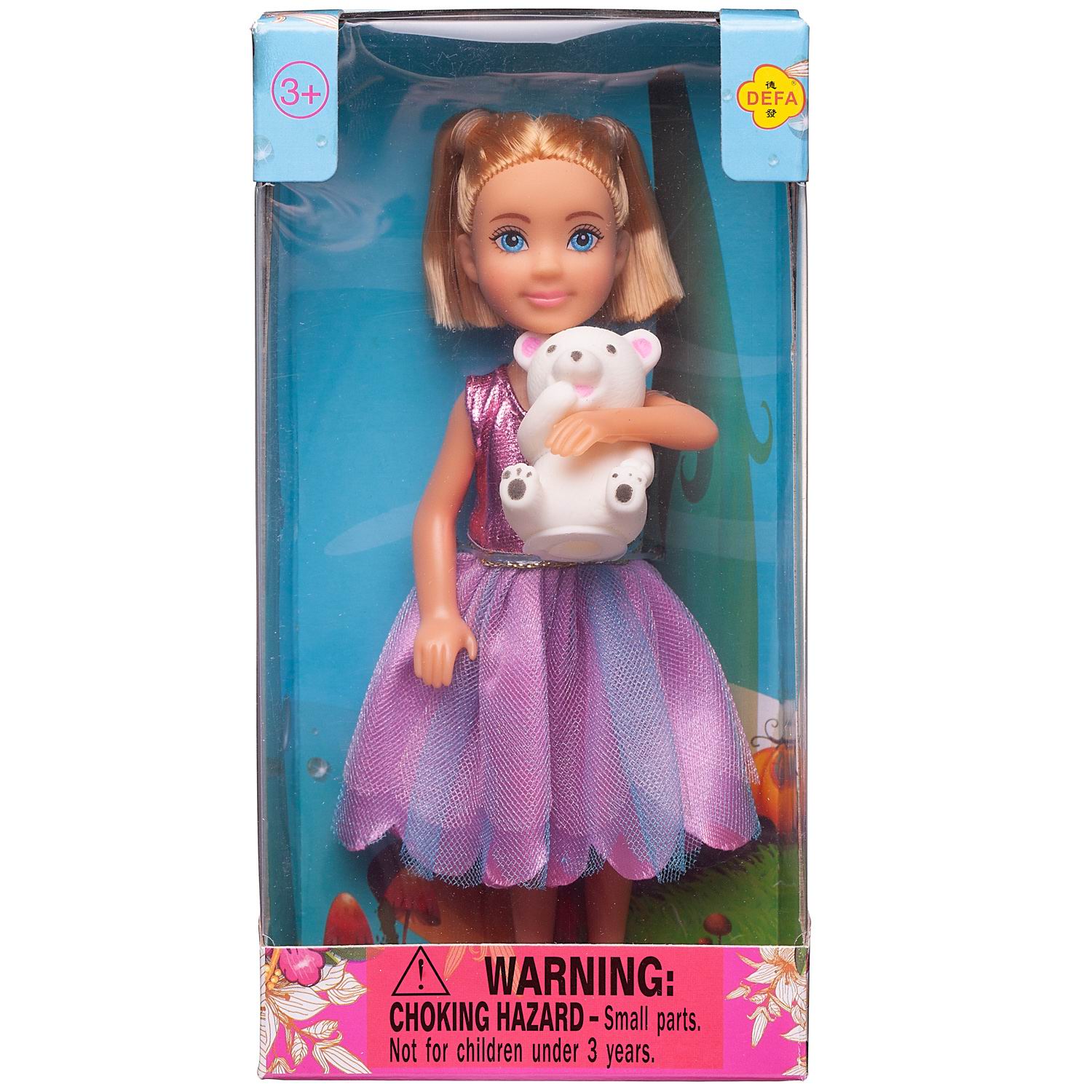 Кукла Defa Lucy Малышка в розово-сиреневом платье с белым медвежонком, 15 см 8280d