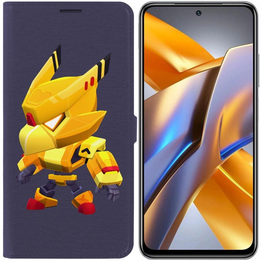 

Чехол-книжка Eco для Poco M5s Brawl Stars-Ворон Золотой Меха (синий)