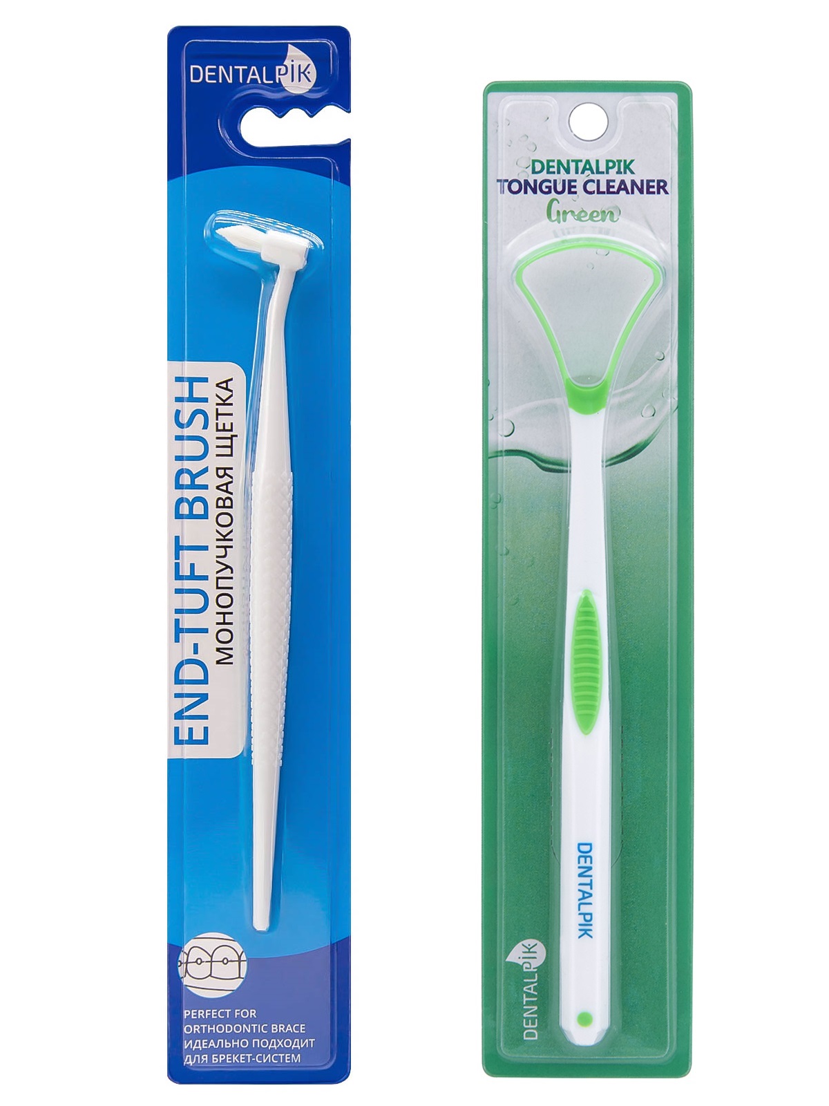 фото Монопучковая зубная щетка dentalpik для брекетов белая и скребок для языка зеленый
