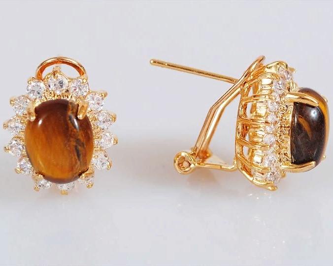

Серьги из ювелирного сплава Lotus Jewelry 28E-21ti, тигровый глаз/циркон, 28E-21ti
