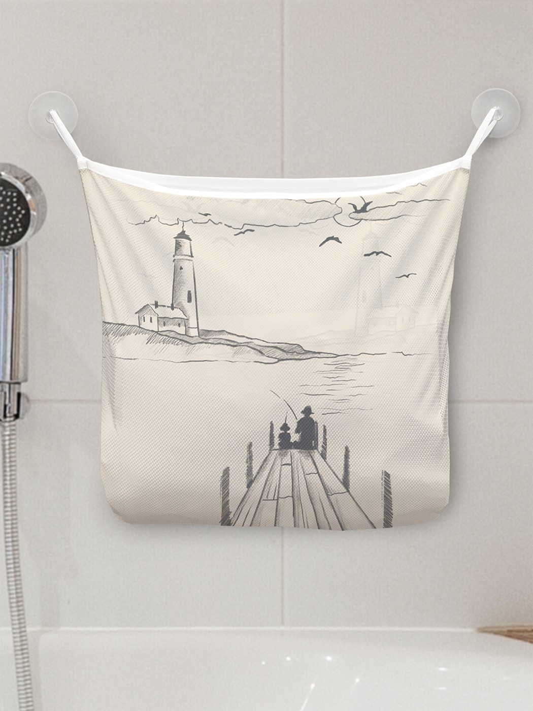 фото Органайзер для ванной joyarty настенный на присосках "рыбалка с видом на маяк", 39x33см