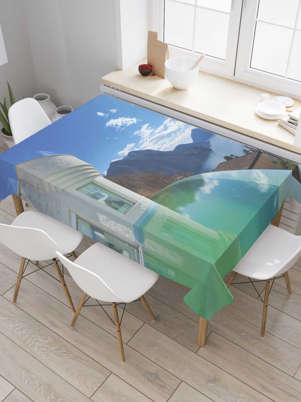 фото Скатерть прямоугольная joyarty "бассейн с видом на горы" из сатена, 180x145 см