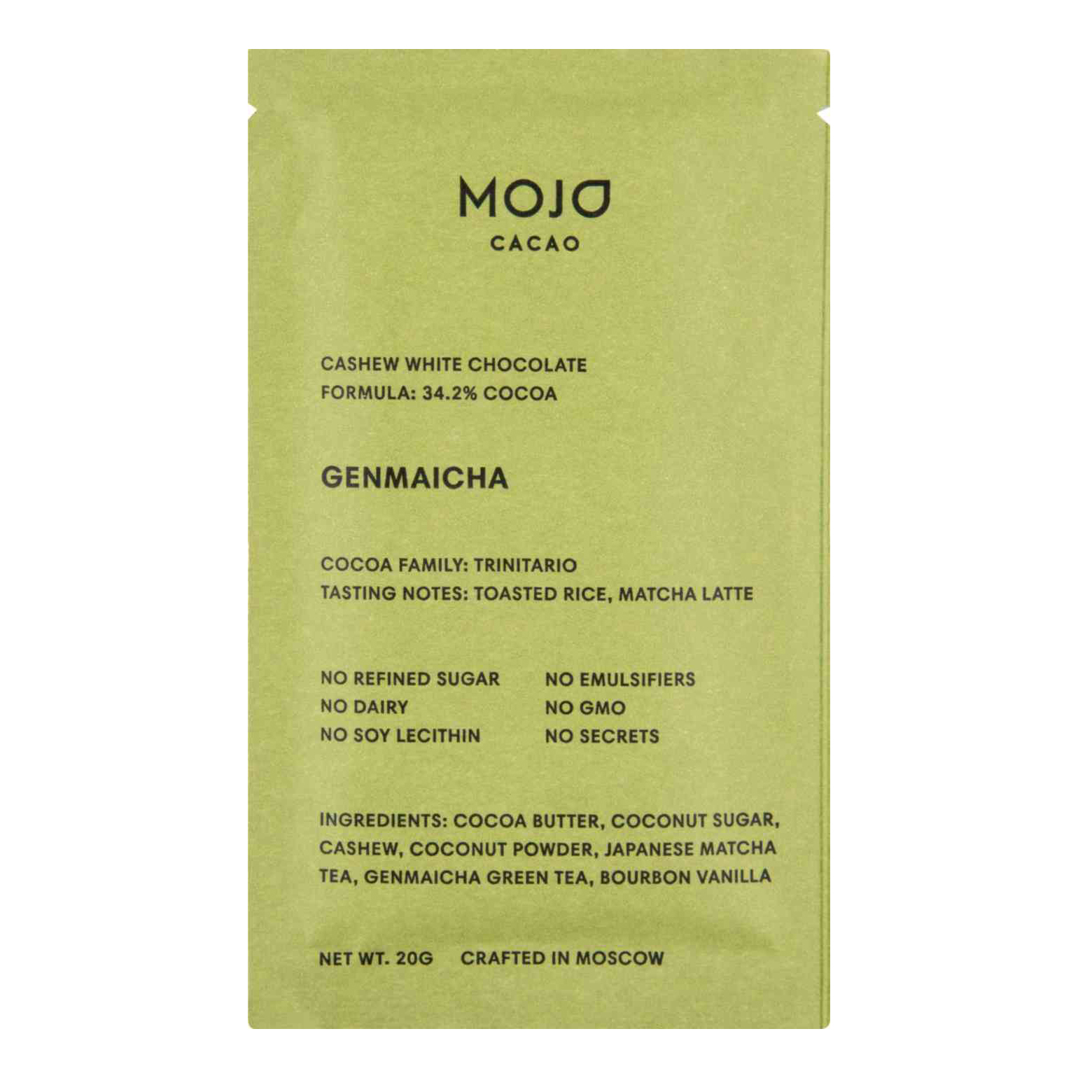 

Шоколад Mojo Cacao Genmaicha белый с зеленым чаем 20 г