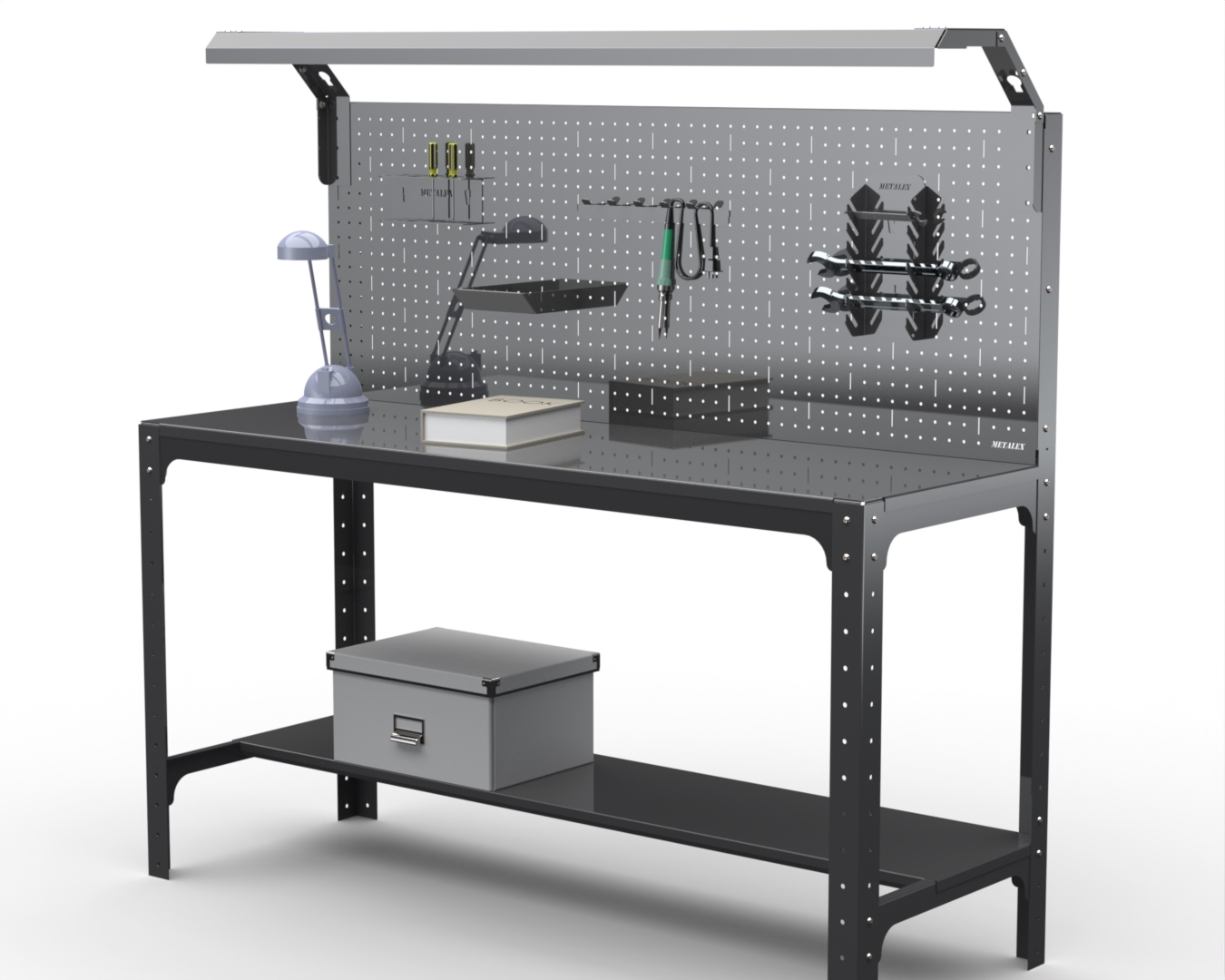 

Стол металлический Metalex серия KIT 750х1300х600, 1 полка + перфопанель с комп. освещения