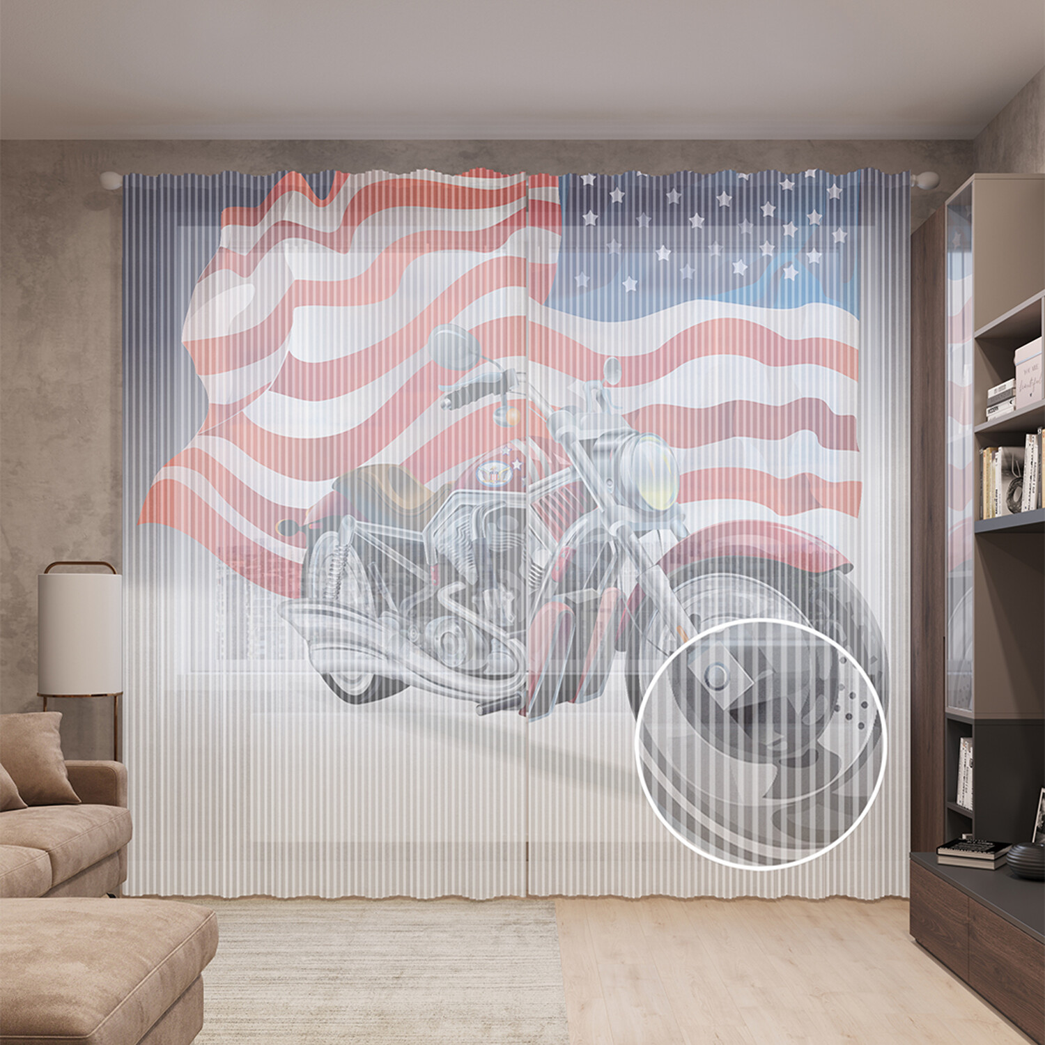 фото Тюль вуаль на шторной ленте с принтом joyarty "на мотоцикле по америке", 310х265 см