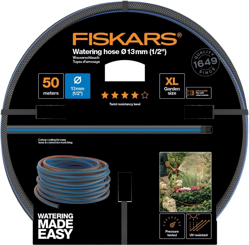 фото Шланг fiskars 1027106 1/2" 50м поливочный армированный черный/синий