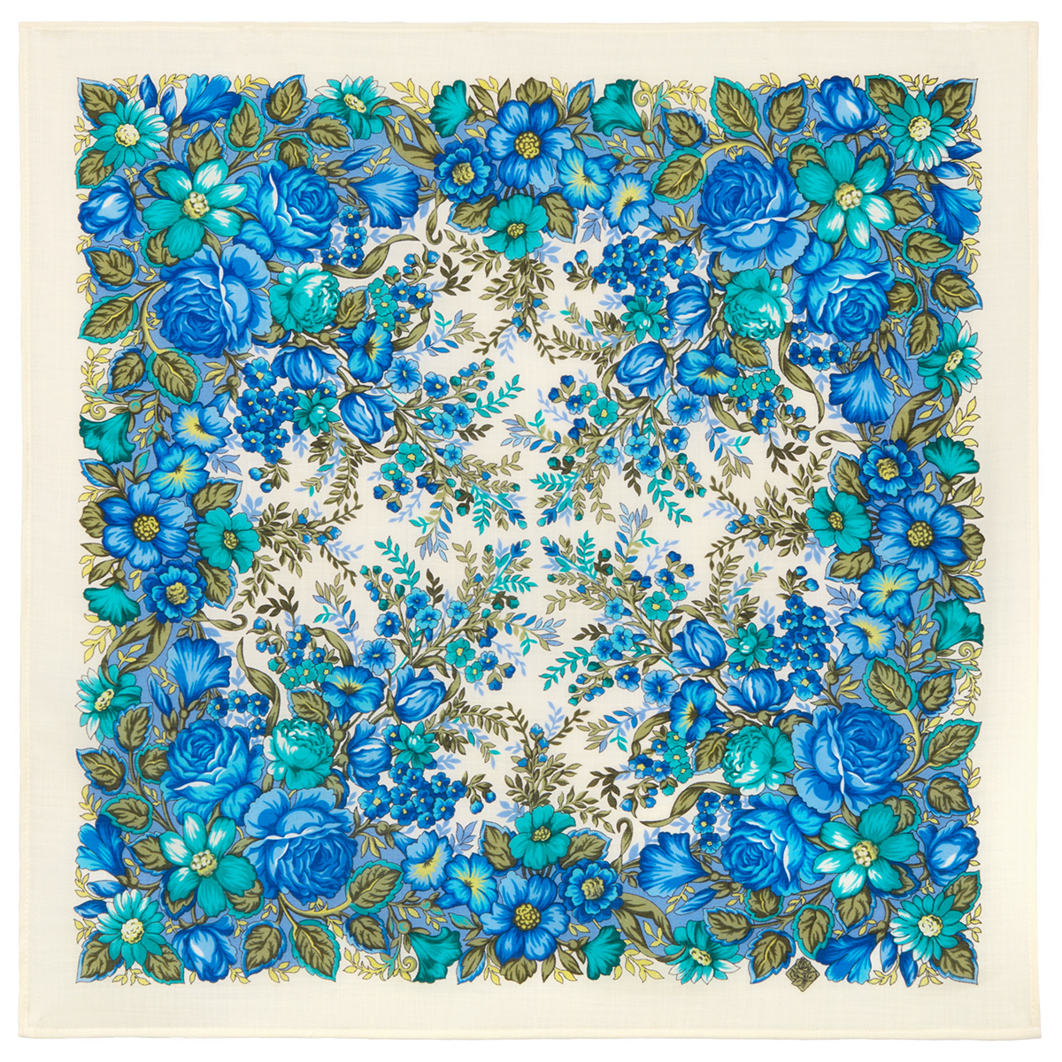 Платок женский Павловопосадская платочная мануфактура 1821 синий/бирюзовый, 72х72 см