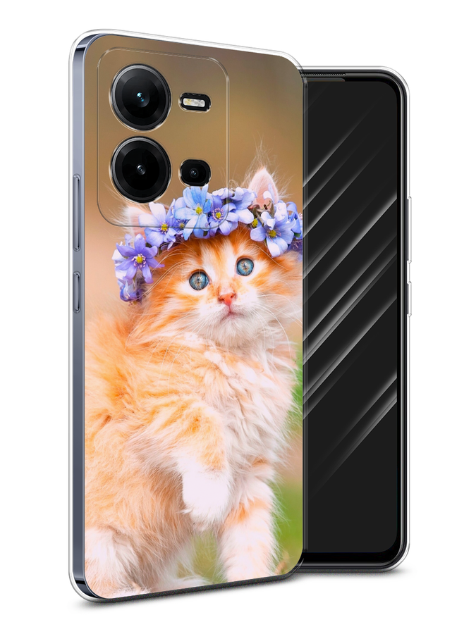 

Чехол Awog на Vivo V25e / Виво V25e "Рыжий кот в венке", Коричневый;синий