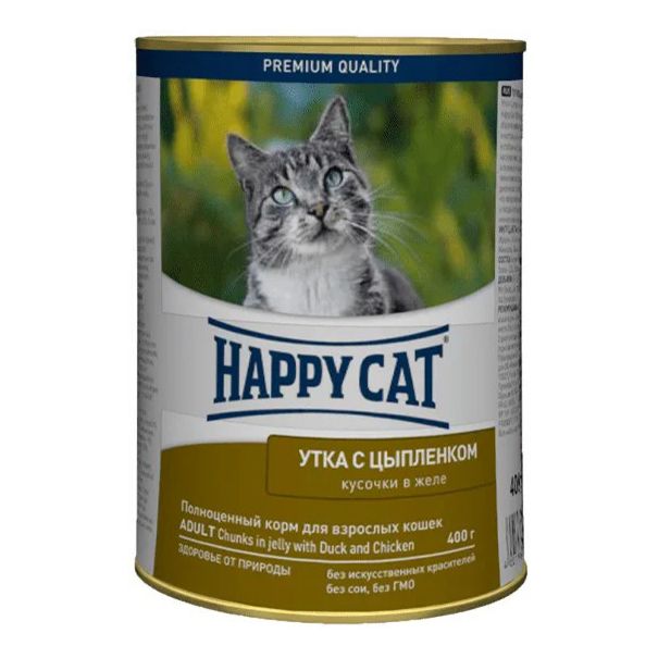 Влажный корм Happy Cat Кусочки в желе с уткой и цыпленком для кошек 400 г