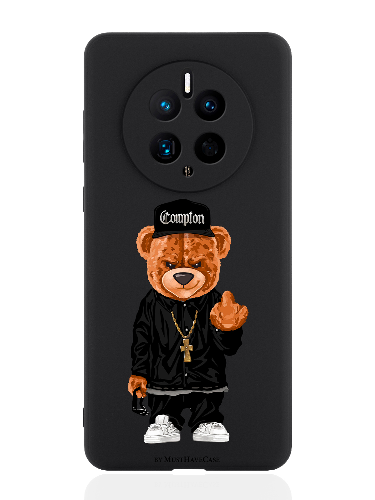 

Чехол для смартфона Huawei Mate 50 черный силиконовый Мишка Compton, Коричневый;черный;белый