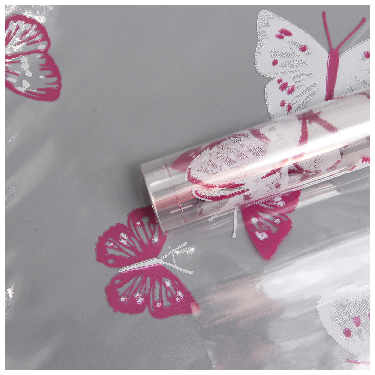Пленка прозрачная двухцветная с рисунком Бабочки бело-фуксия 70см*9,14м +/- 5%